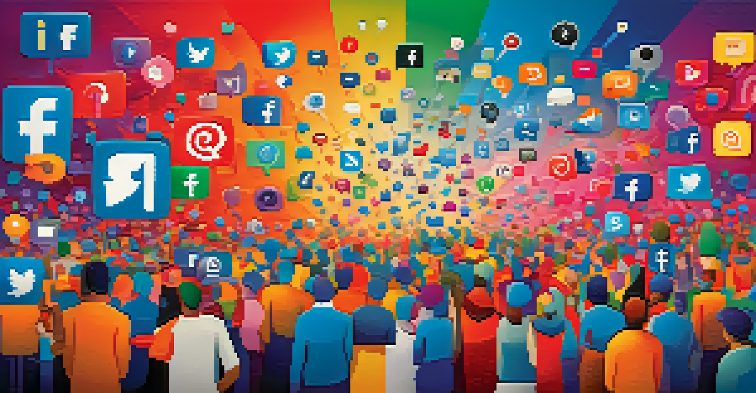 An artistic representation of various social media icons with a hand hovering over a 'share' button, signifying responsible digital communication.