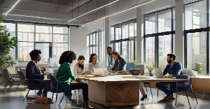 A diverse team of professionals collaborating in a bright, modern office space around a table filled with laptops and documents.