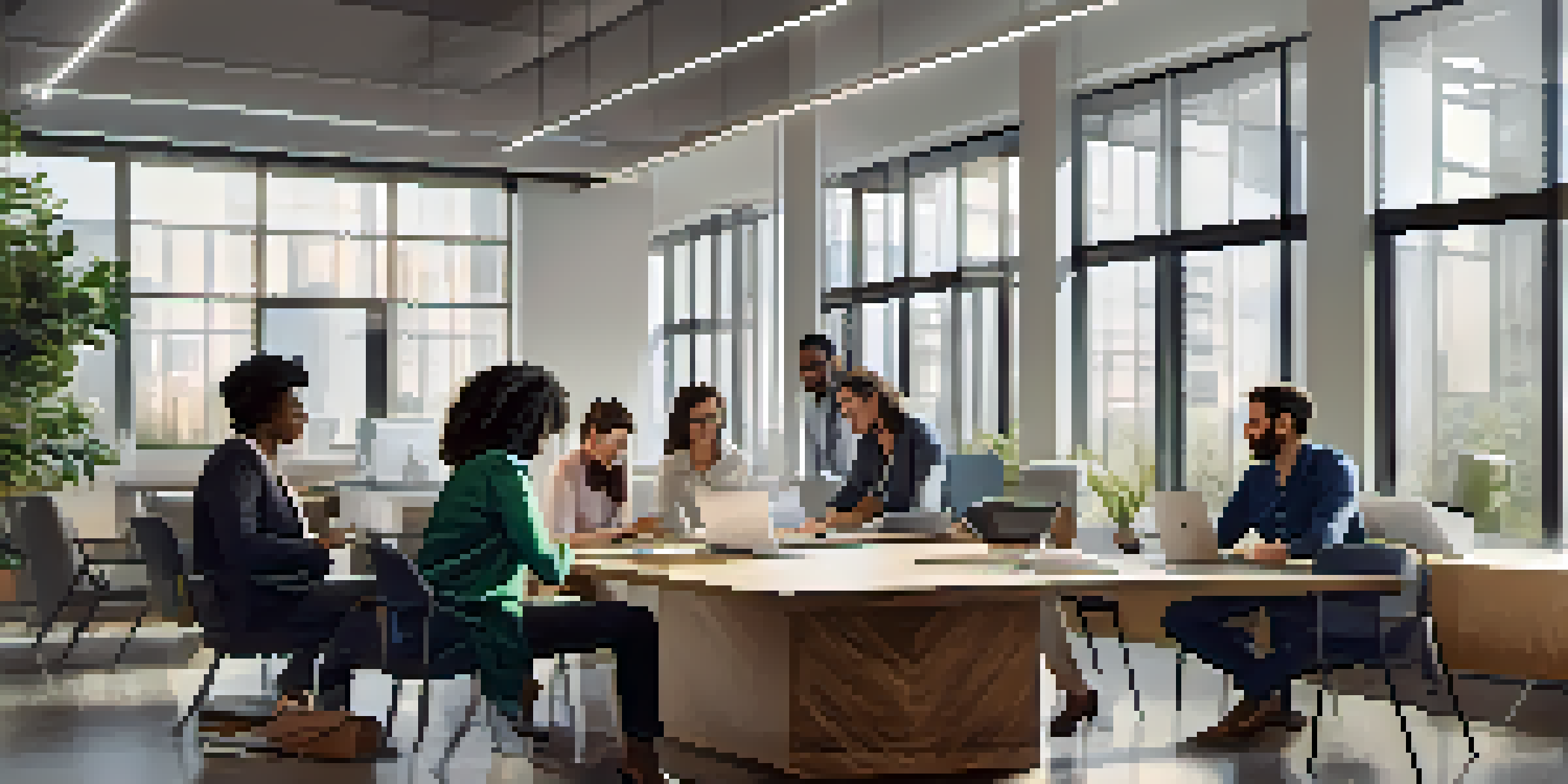 A diverse team of professionals collaborating in a bright, modern office space around a table filled with laptops and documents.