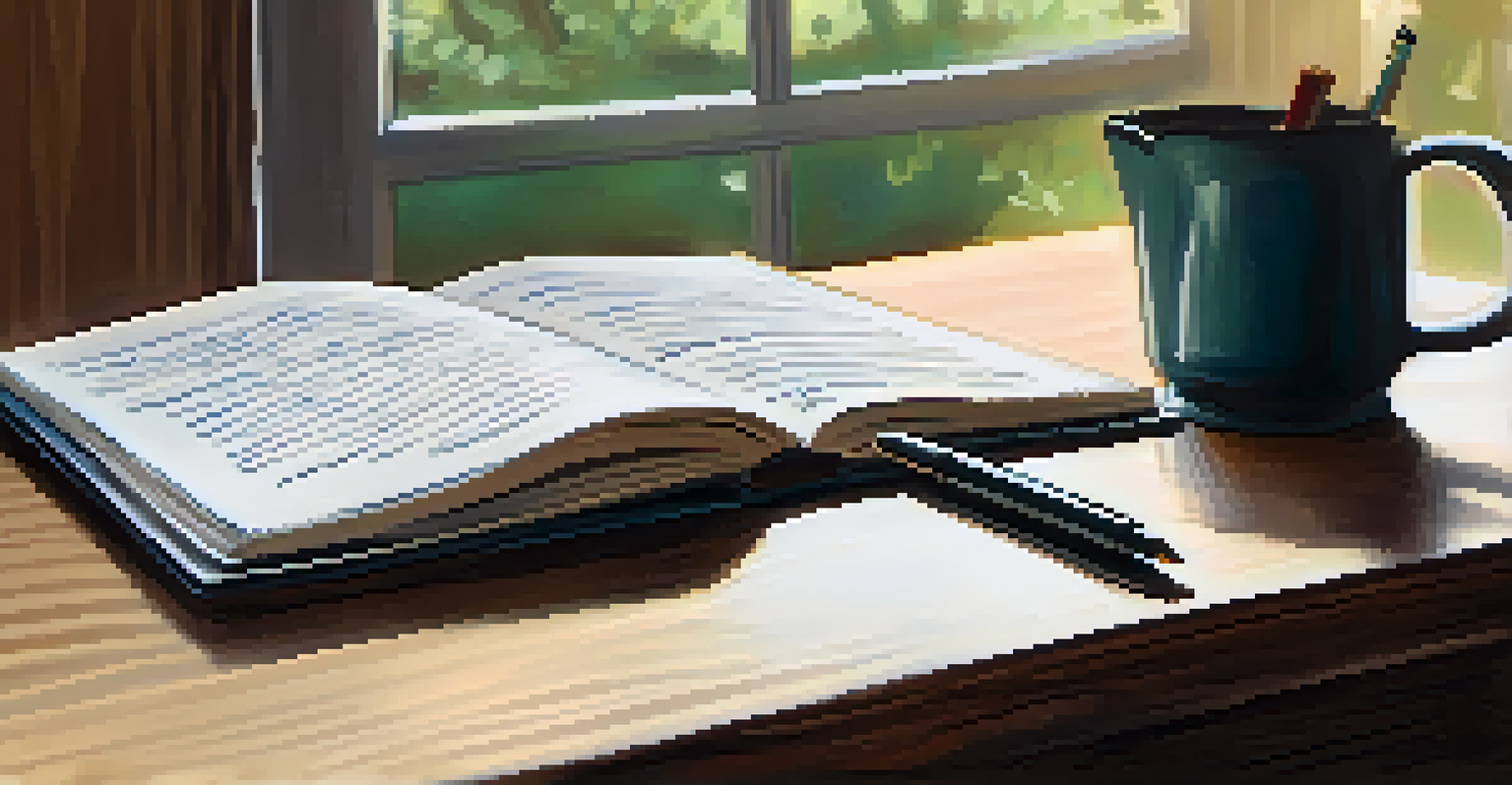 A reflective journal on a wooden desk filled with handwritten notes and a pen.