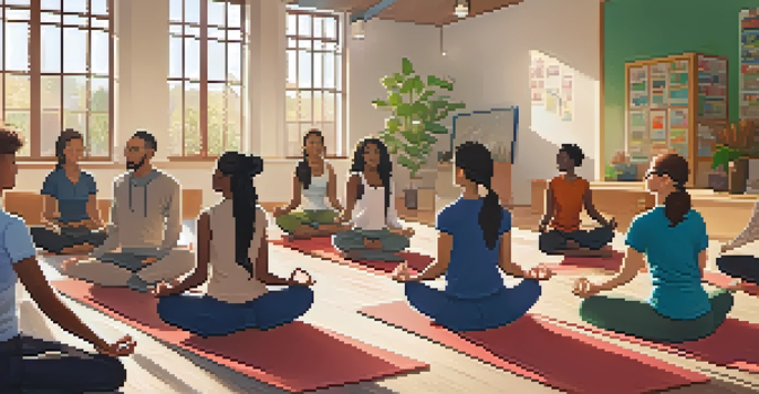 A group of diverse teachers participating in a mindfulness workshop in a bright and inviting classroom.