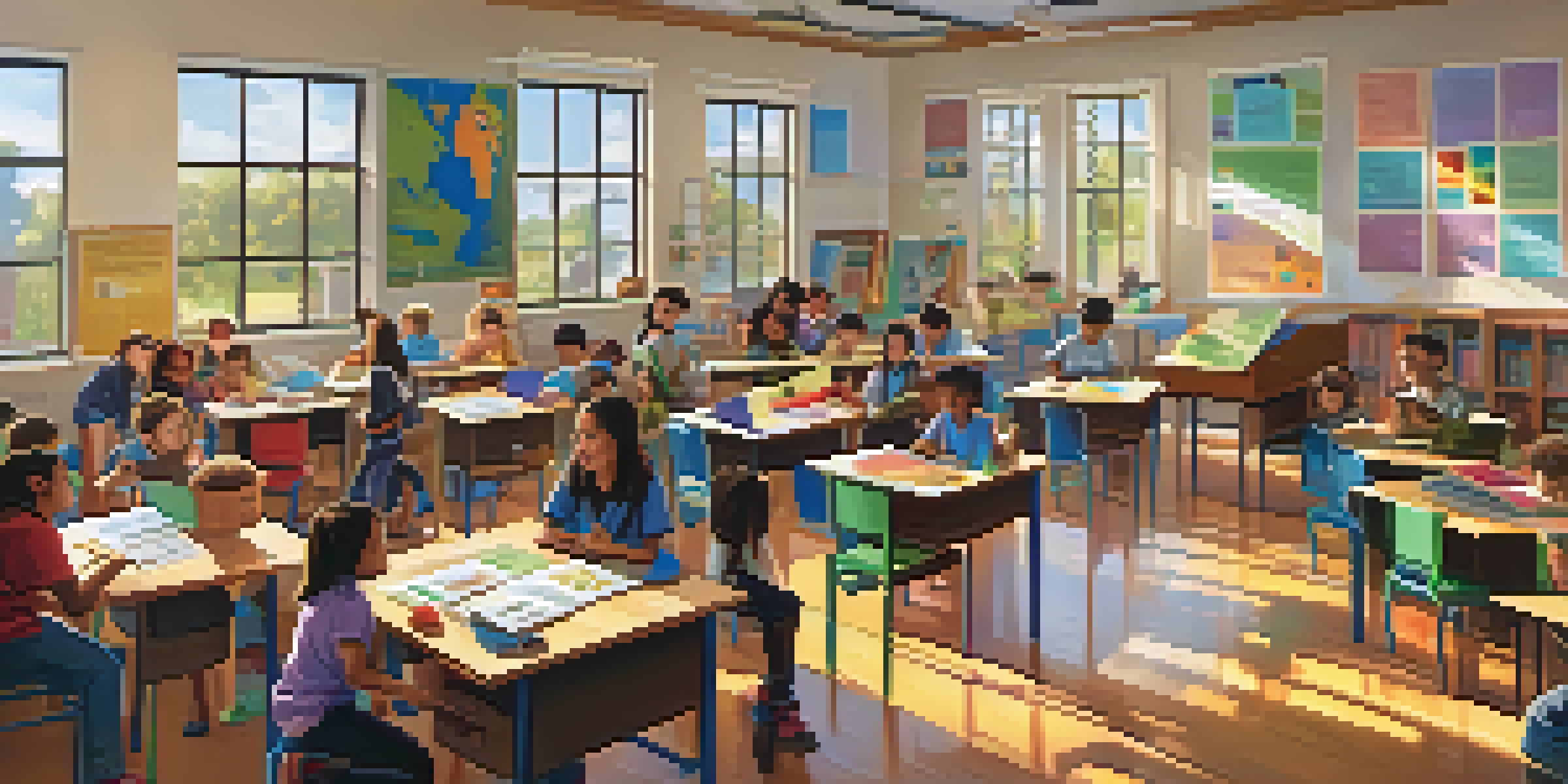A lively classroom with diverse students engaged in hands-on learning activities, surrounded by educational materials and illuminated by sunlight.