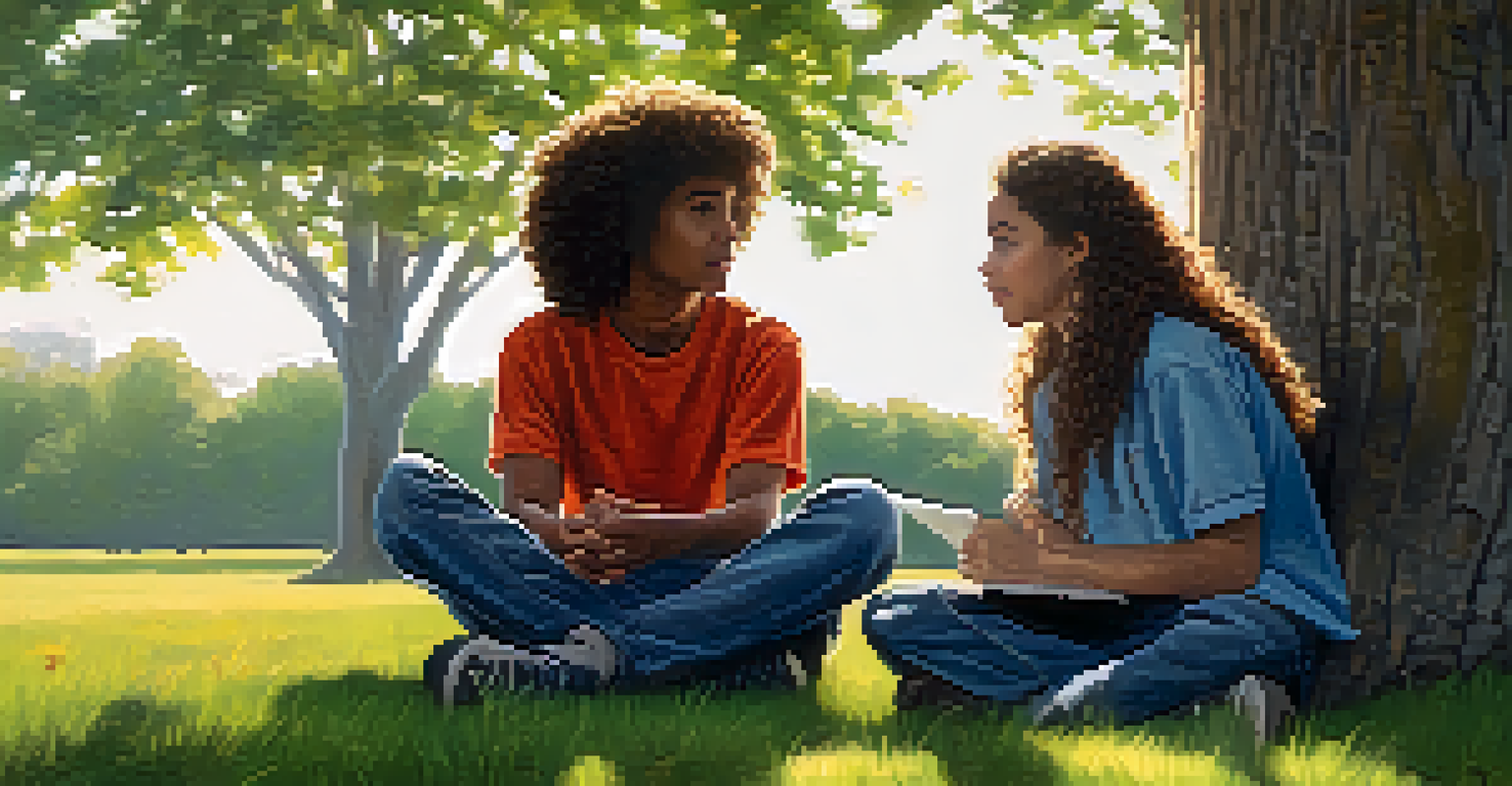 Two students discussing a project outdoors, sitting on grass, actively listening to each other with expressions of understanding in a sunny environment.