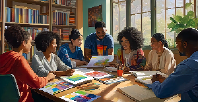 A diverse group of adult learners sitting around a table in a classroom, engaging in discussion and collaboration, with colorful educational resources around them.