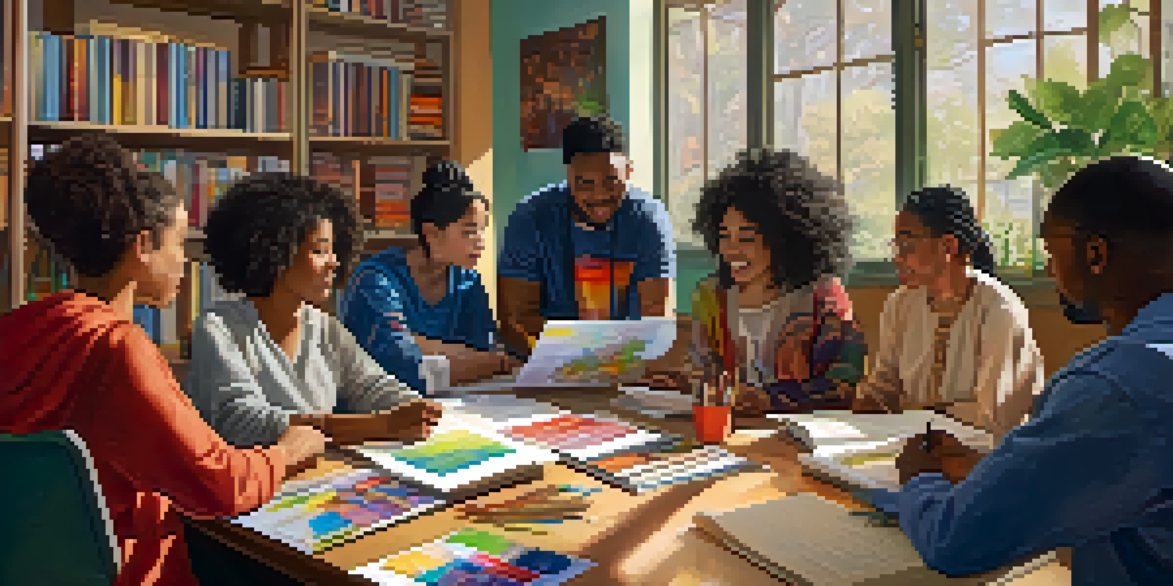 A diverse group of adult learners sitting around a table in a classroom, engaging in discussion and collaboration, with colorful educational resources around them.