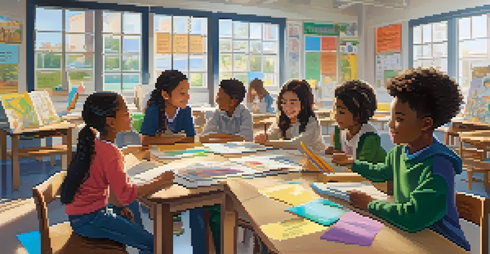 A bright and inviting classroom with students working together on a project, surrounded by educational materials.