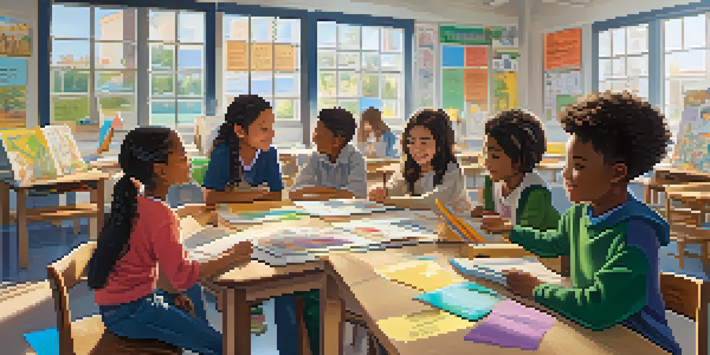 A bright and inviting classroom with students working together on a project, surrounded by educational materials.