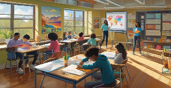 A lively classroom with students collaborating on projects and using digital tools for mixed-methods assessments.