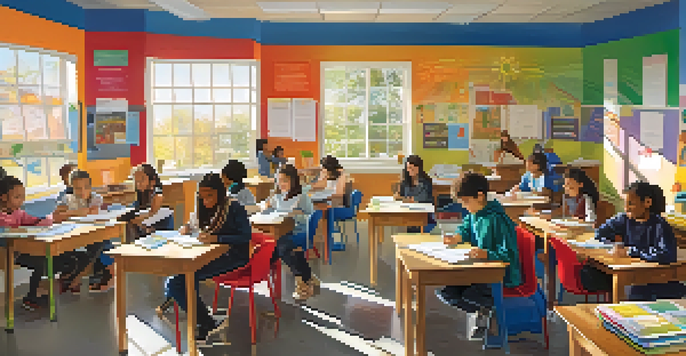 A lively classroom scene with students of various ethnicities collaborating on a project, surrounded by colorful educational materials and bright sunlight.