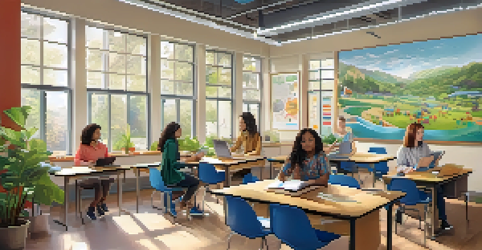 A bright classroom where a teacher supports diverse students working together on a project, with technology and natural lighting creating an engaging atmosphere.