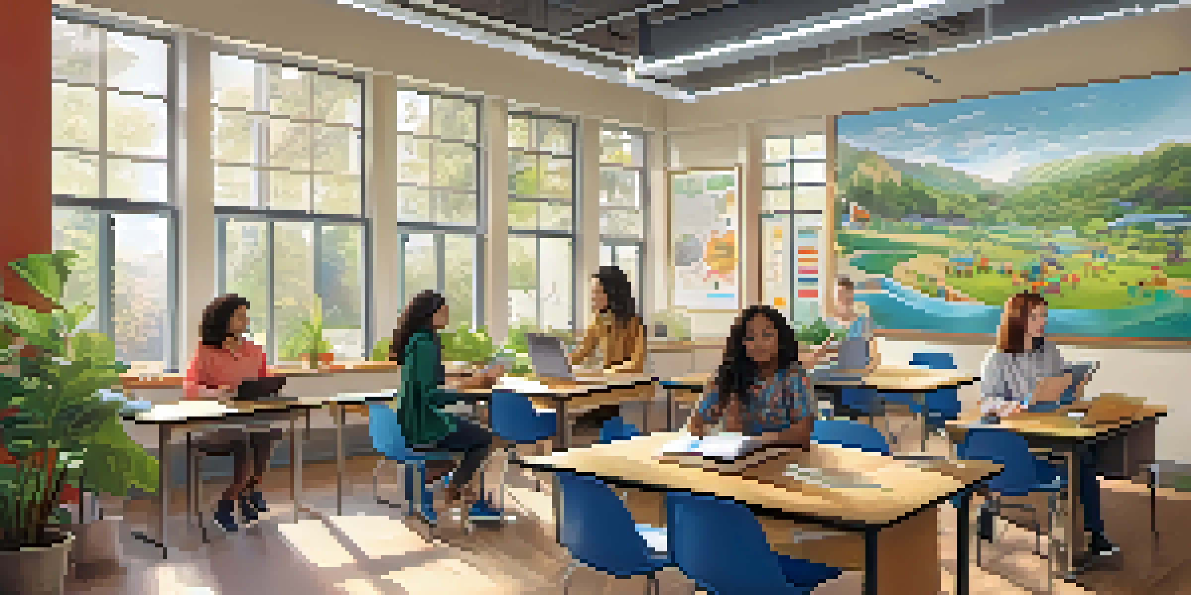 A bright classroom where a teacher supports diverse students working together on a project, with technology and natural lighting creating an engaging atmosphere.