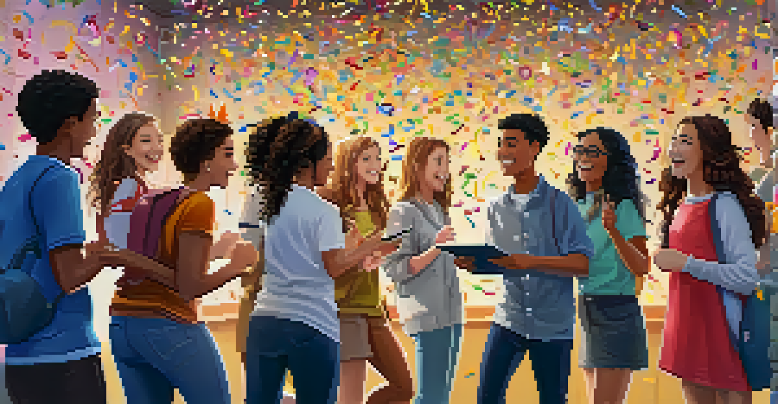 Students celebrating their achievements in front of a digital wall of fame, smiling and surrounded by confetti.