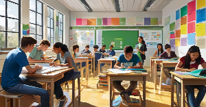 A classroom filled with diverse students collaborating on projects, with colorful decorations and sunlight streaming in.