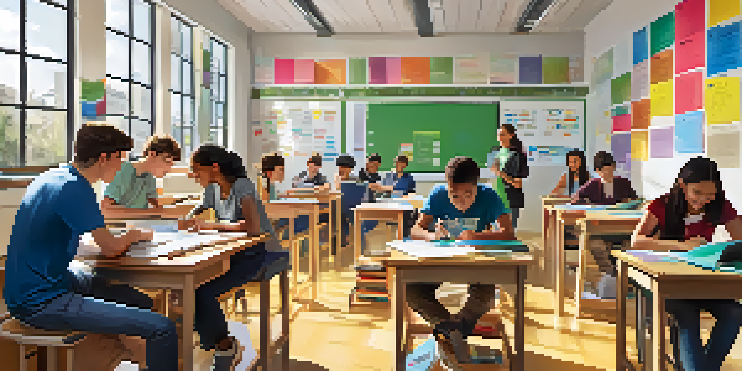 A classroom filled with diverse students collaborating on projects, with colorful decorations and sunlight streaming in.