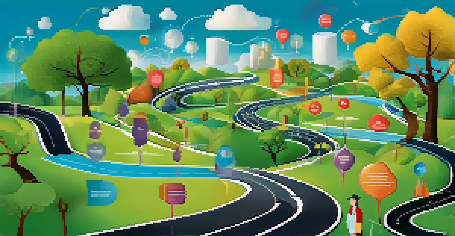An infographic illustrating personalized learning paths with a winding road and educational icons in a serene landscape.