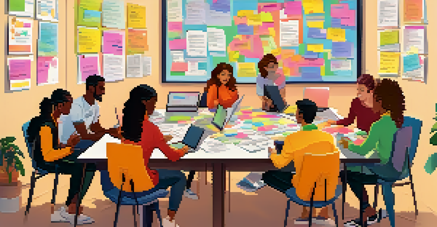 A diverse group of students working together on a project, showing teamwork and collaboration in a bright classroom environment.