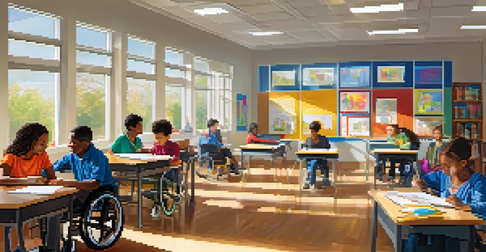 A vibrant classroom filled with diverse students working together, including a student in a wheelchair, and another presenting a project with sunlight pouring in from the windows.