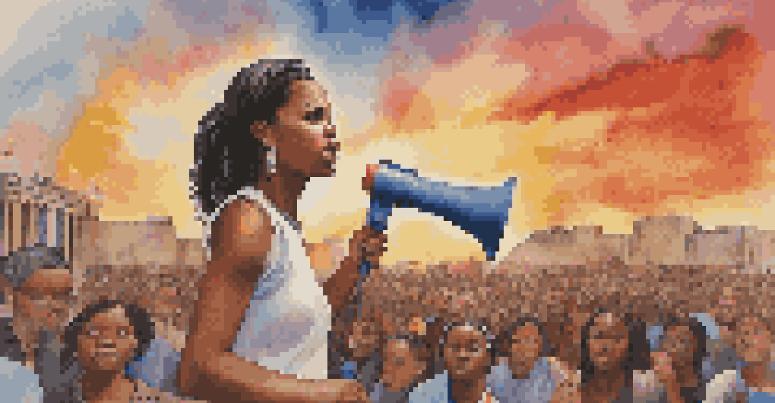 A young woman with a megaphone standing in front of a vibrant mural about social justice, ready to speak to a crowd.