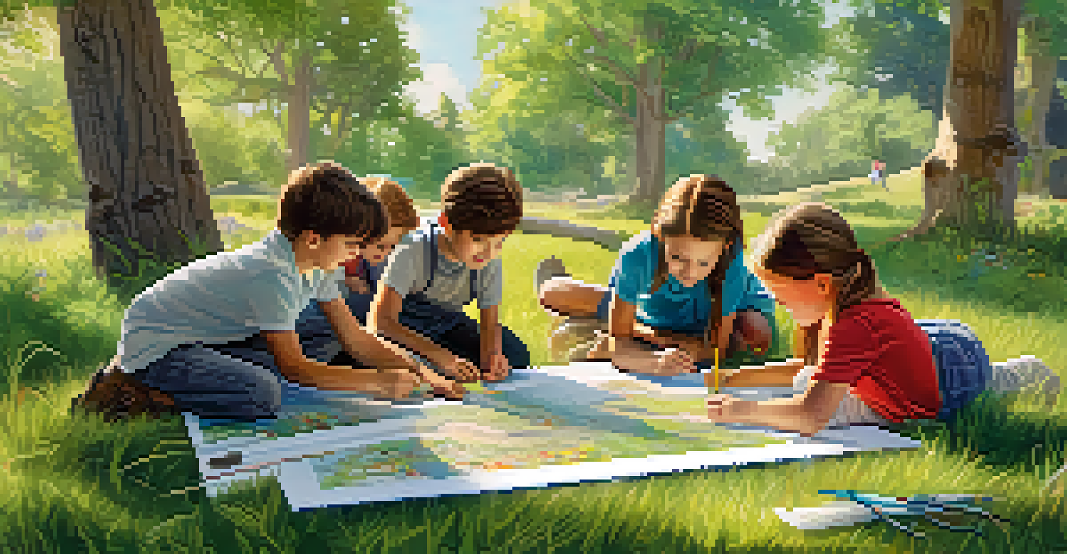 Children working together on a nature trail project outdoors, with a teacher assisting them on a sunny day.