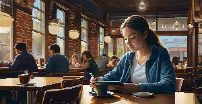 A student focused on studying with a tablet in a warm coffee shop environment.