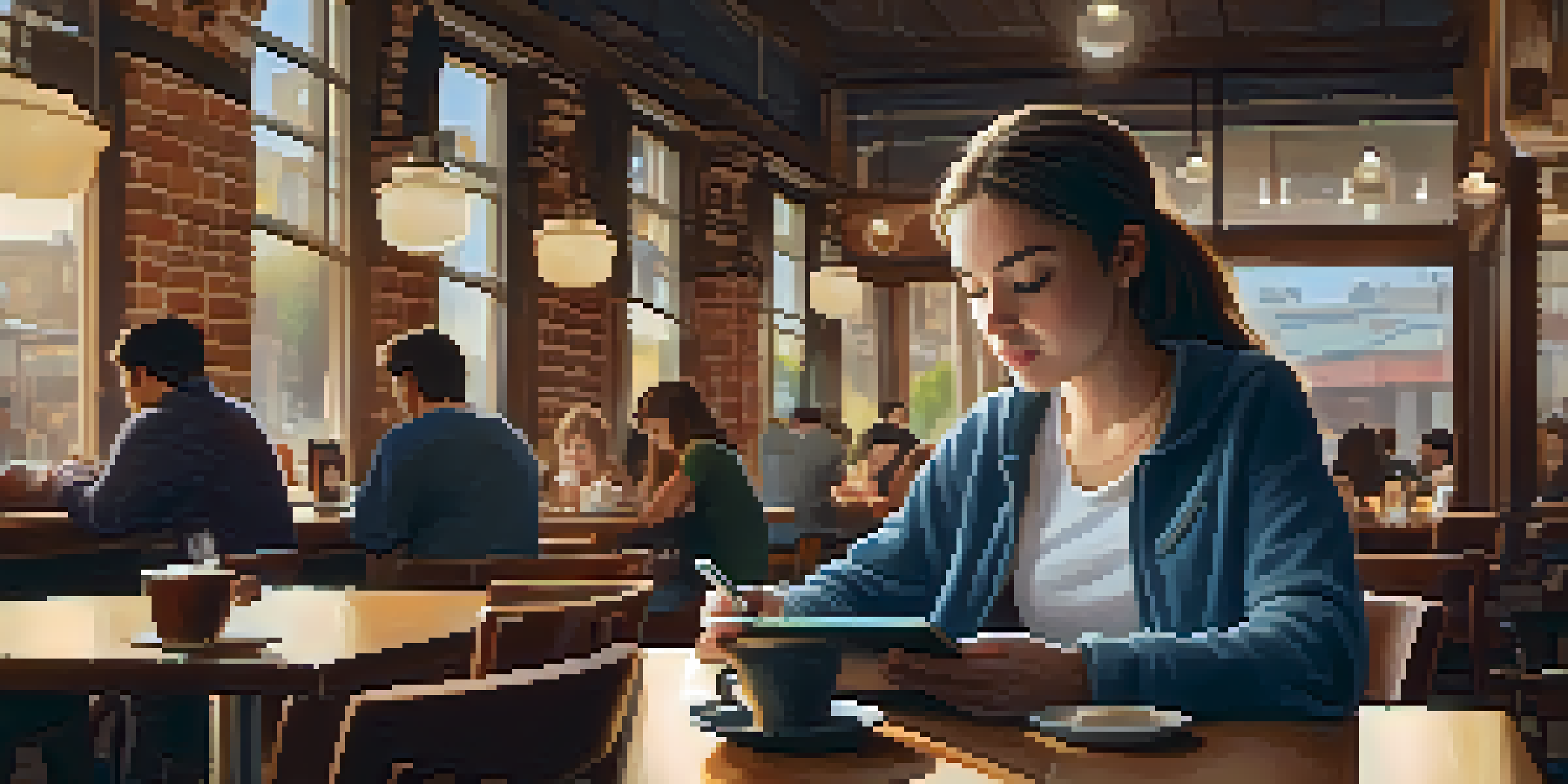 A student focused on studying with a tablet in a warm coffee shop environment.