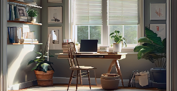 A cozy home office with a laptop, books, a plant, and a cup of coffee, illuminated by soft natural light.