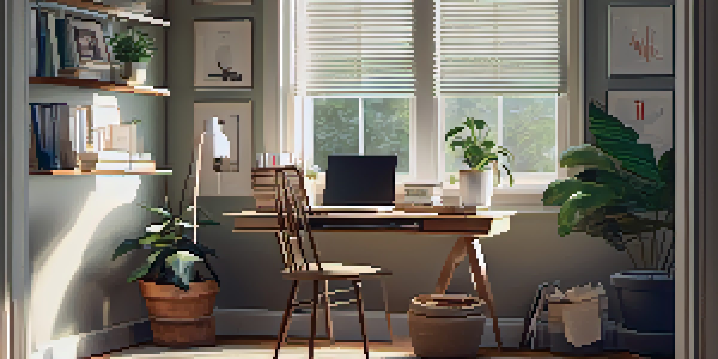A cozy home office with a laptop, books, a plant, and a cup of coffee, illuminated by soft natural light.