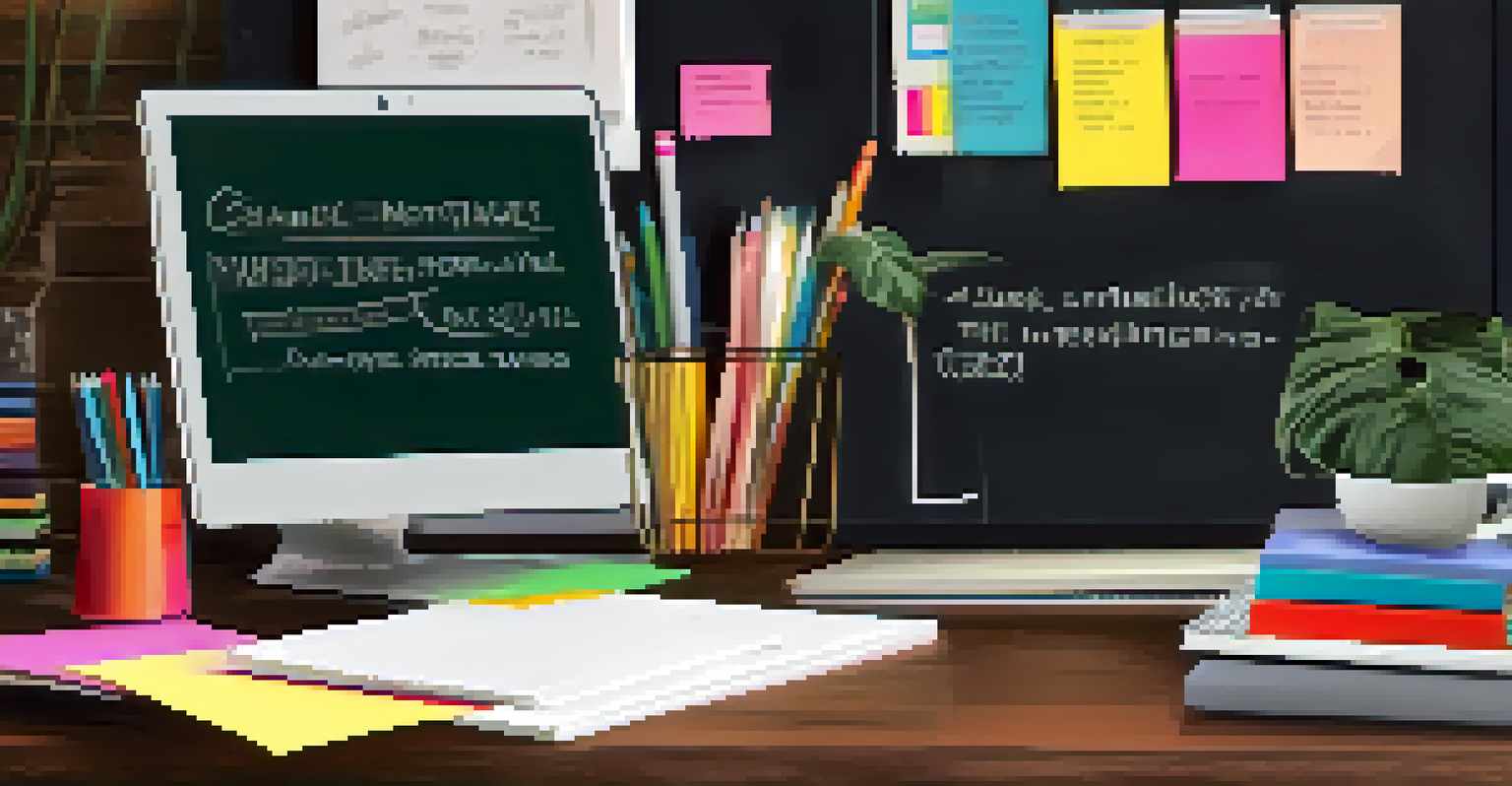 A close-up of a teacher's desk with a laptop, sticky notes, and a cup of coffee, set against a background of a chalkboard and a plant.