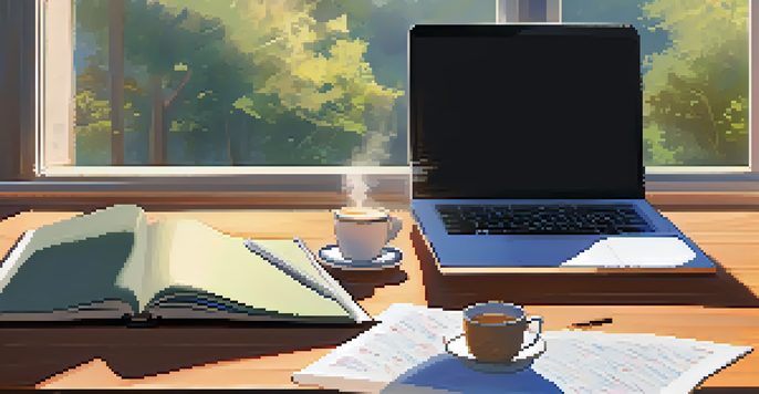 A cozy study space featuring a wooden desk with an open notebook, a steaming cup of coffee, and colorful mind maps under soft sunlight.