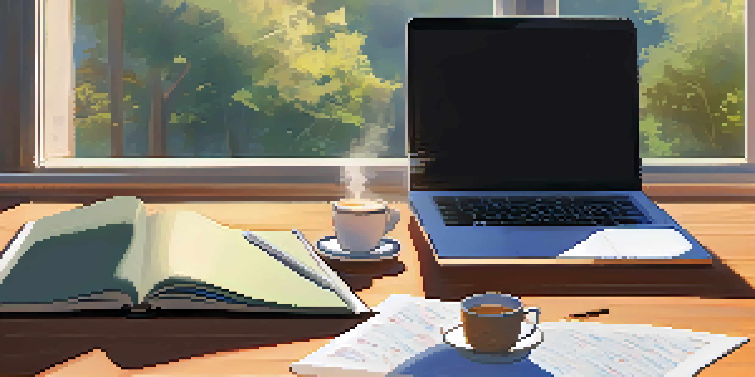 A cozy study space featuring a wooden desk with an open notebook, a steaming cup of coffee, and colorful mind maps under soft sunlight.