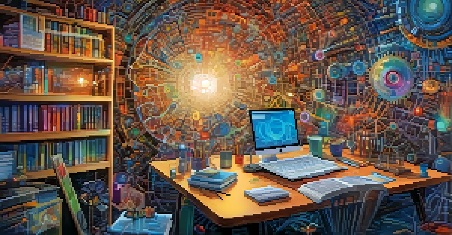 A colorful digital landscape representing various fields of study, interconnected by gears, paintbrushes, and scientific formulas, illuminated with soft glowing lights.
