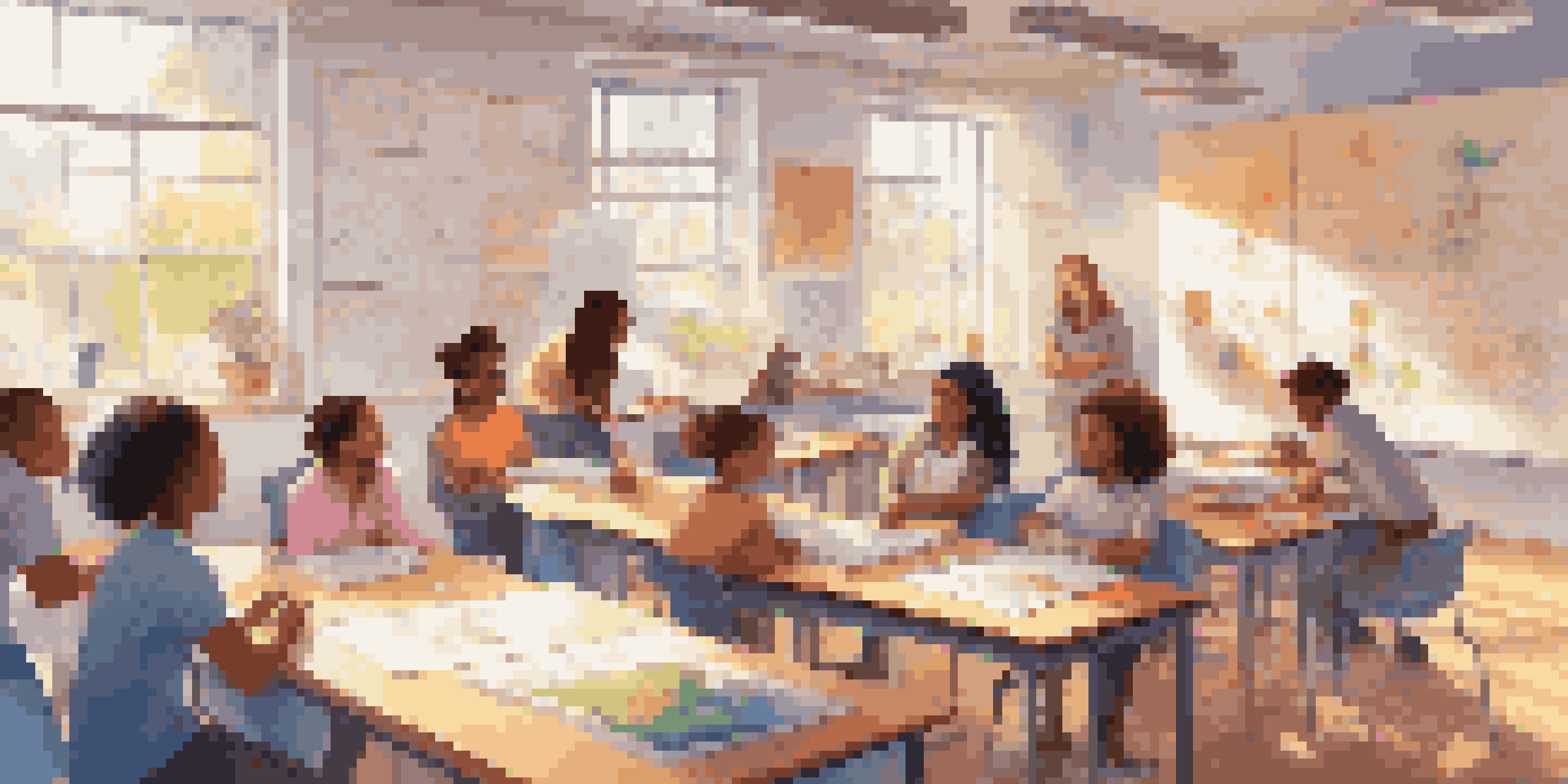 A diverse group of students working together in a bright classroom, discussing and collaborating on a science project with educational materials around them.