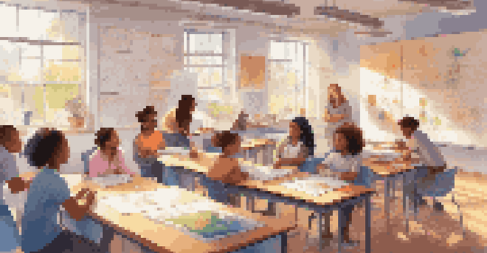 A diverse group of students working together in a bright classroom, discussing and collaborating on a science project with educational materials around them.