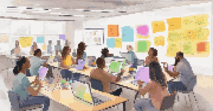 A diverse group of students participating in an online classroom, showcasing collaboration and inclusivity with laptops and a virtual whiteboard.