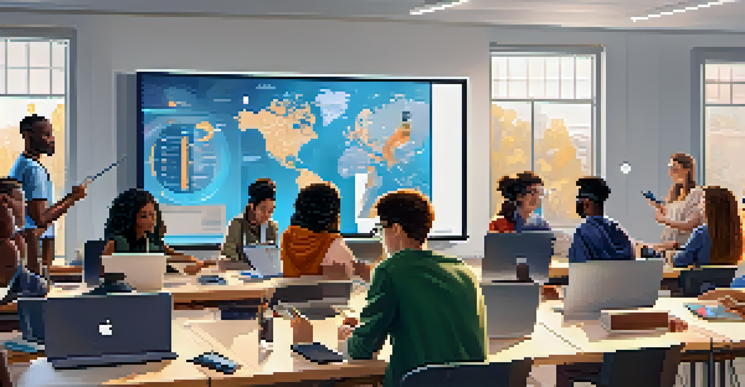 A diverse group of students participating in an online class in a modern classroom.