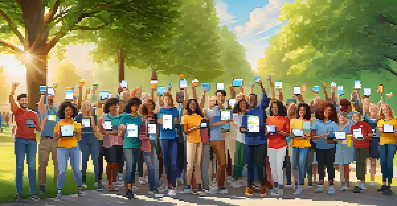 A diverse group of volunteers in a park, happily showing their digital badges on devices.