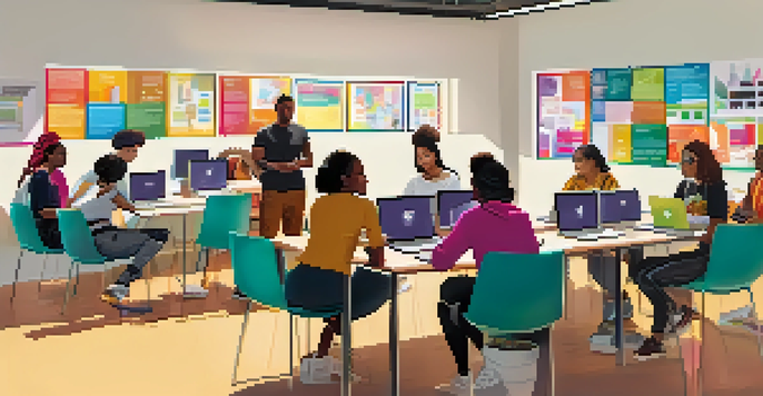 A diverse group of people actively participating in a digital literacy workshop, collaborating with laptops and tablets in a modern setting.