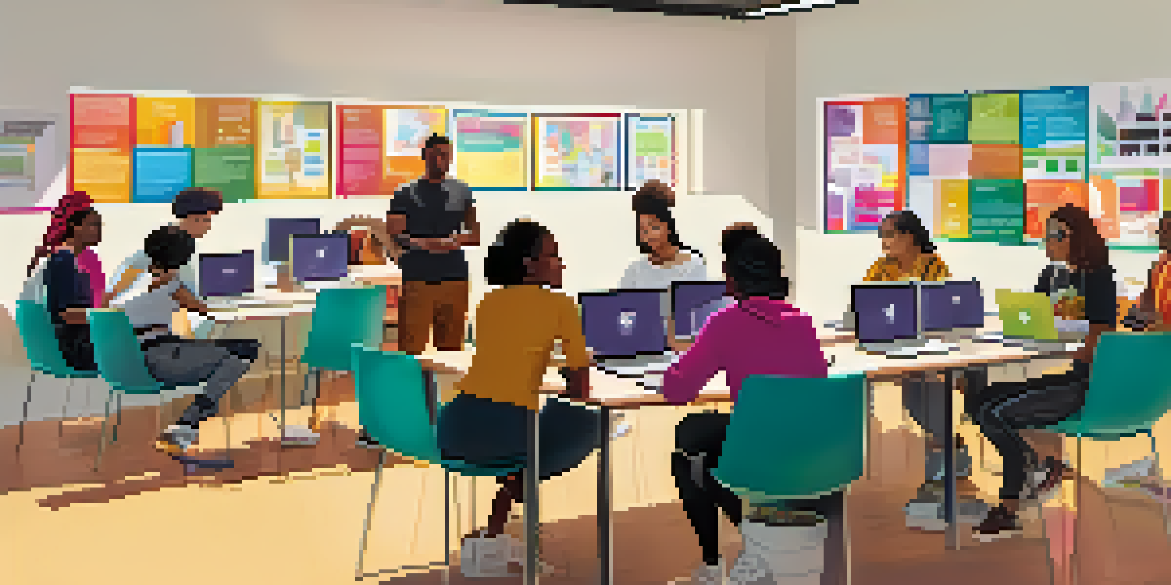 A diverse group of people actively participating in a digital literacy workshop, collaborating with laptops and tablets in a modern setting.