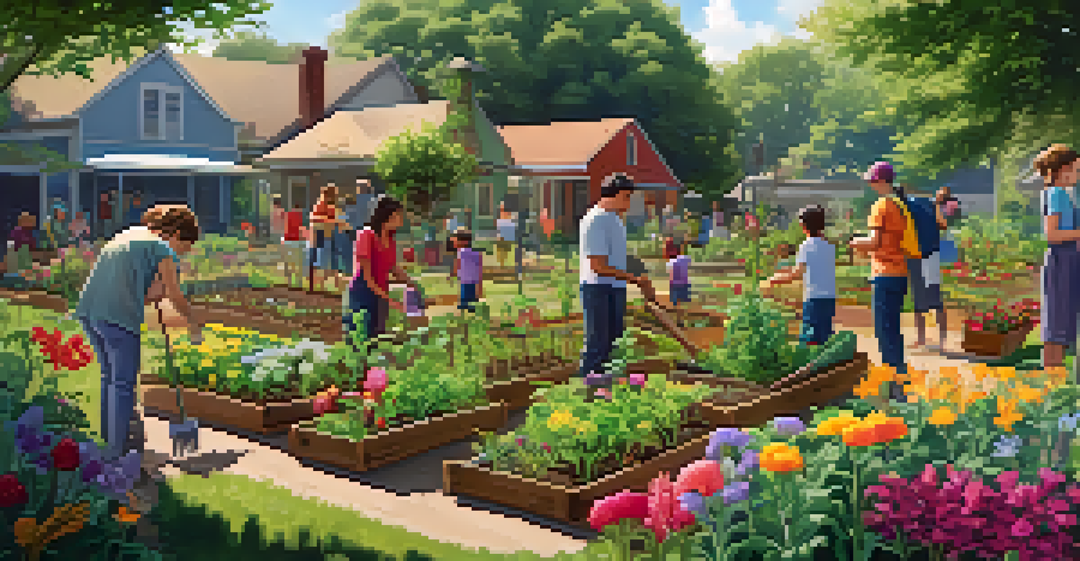A community garden with students and volunteers planting flowers and vegetables, surrounded by greenery and colorful blooms, illustrating teamwork.