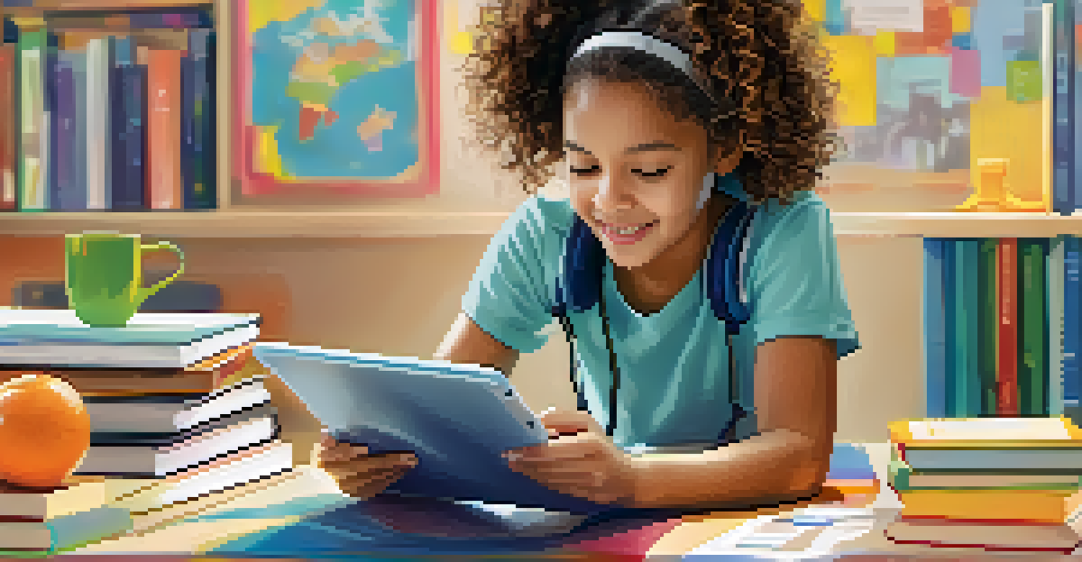 A young girl using a tablet with a smart learning app, showing adaptive learning adjustments, surrounded by educational materials.