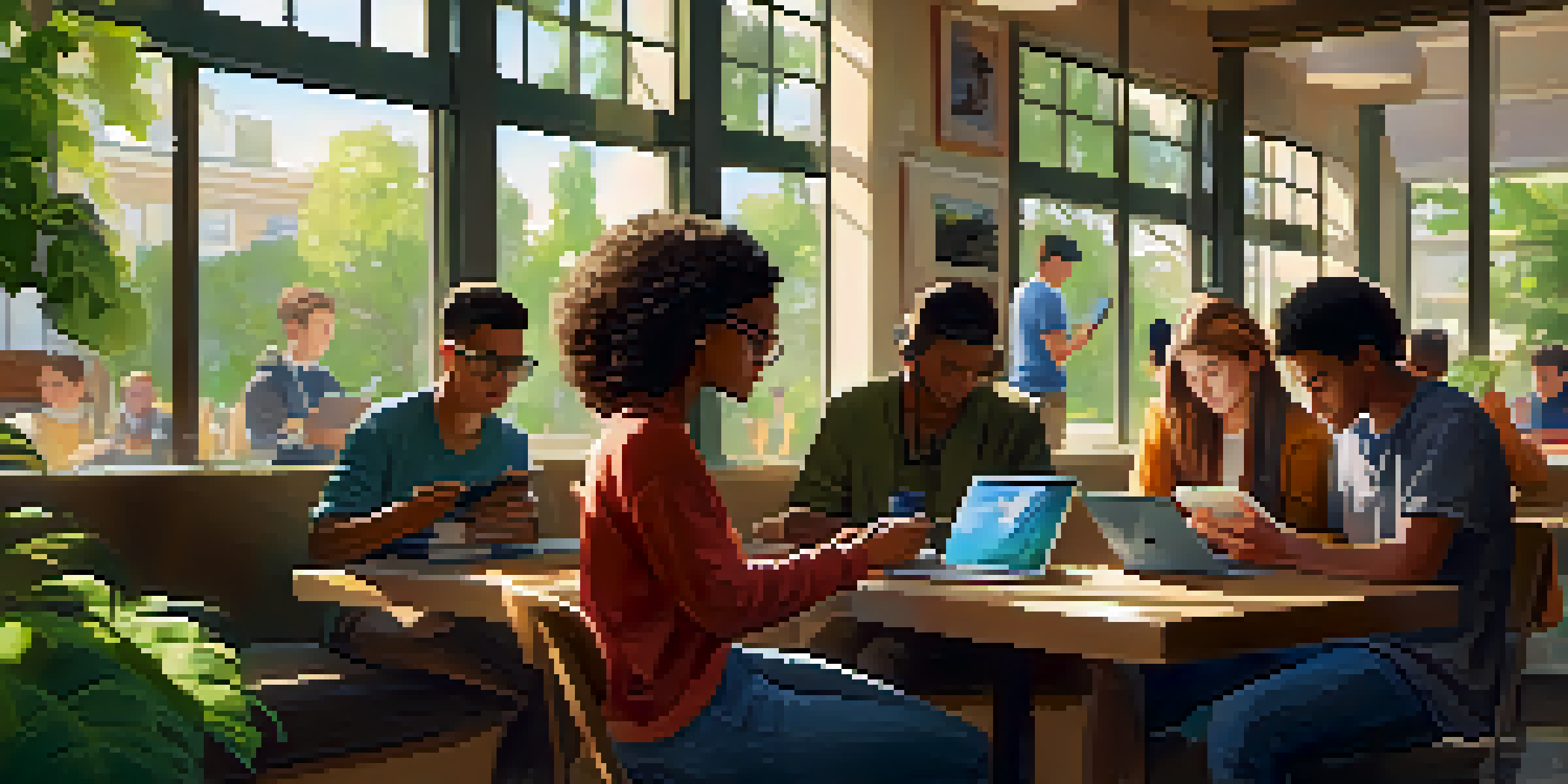 A diverse group of students in a coffee shop, using mobile devices for learning, with sunlight streaming through large windows.