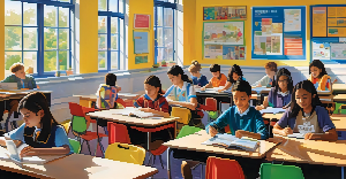 A bright classroom filled with students learning both online and in person, with a teacher interacting with them.