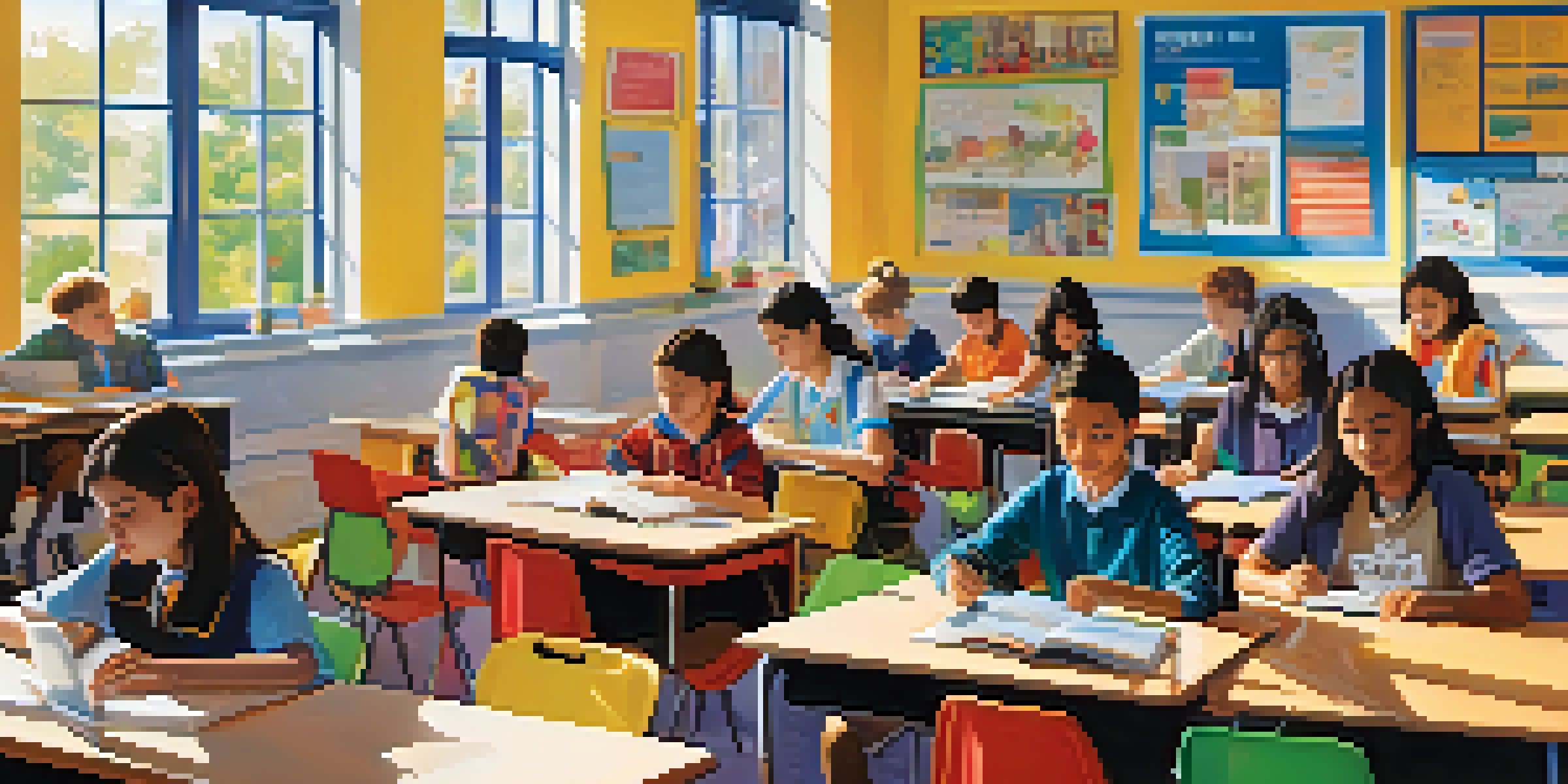 A bright classroom filled with students learning both online and in person, with a teacher interacting with them.