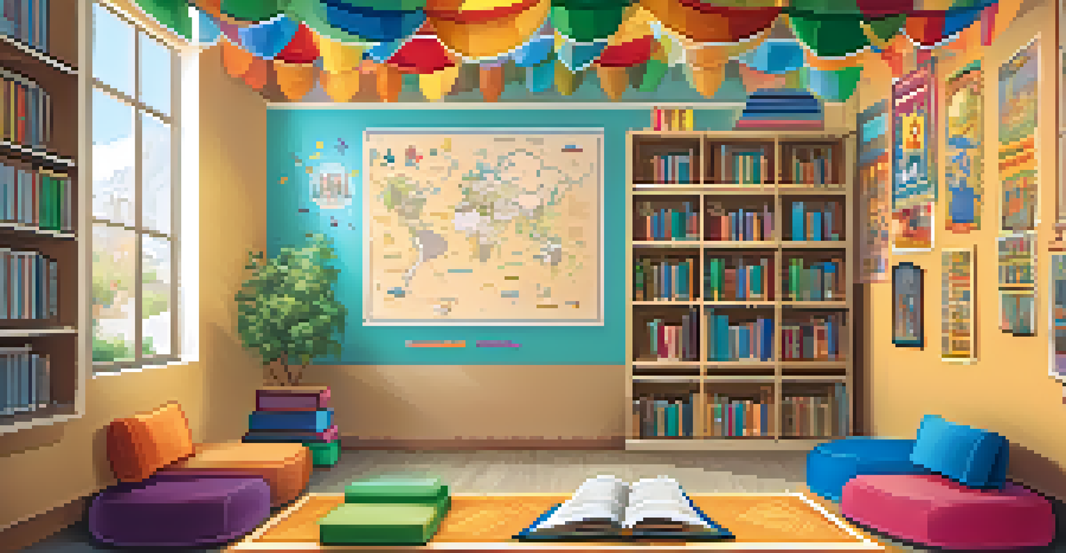 A cozy reading corner in a classroom with diverse books and students of different backgrounds sharing stories together.