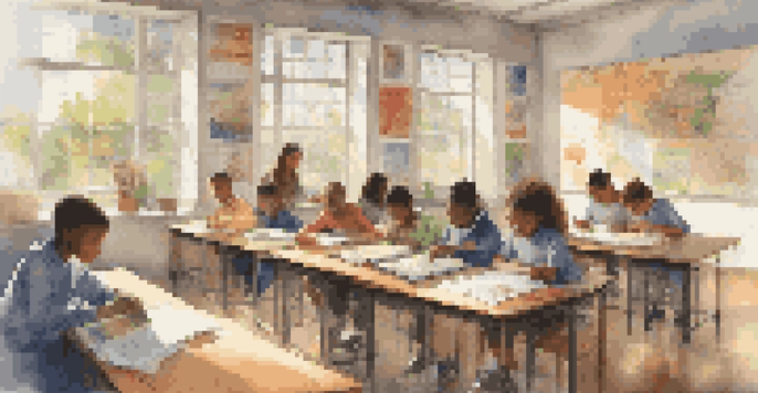A bright classroom with diverse students participating in various learning activities, showcasing a positive learning environment.
