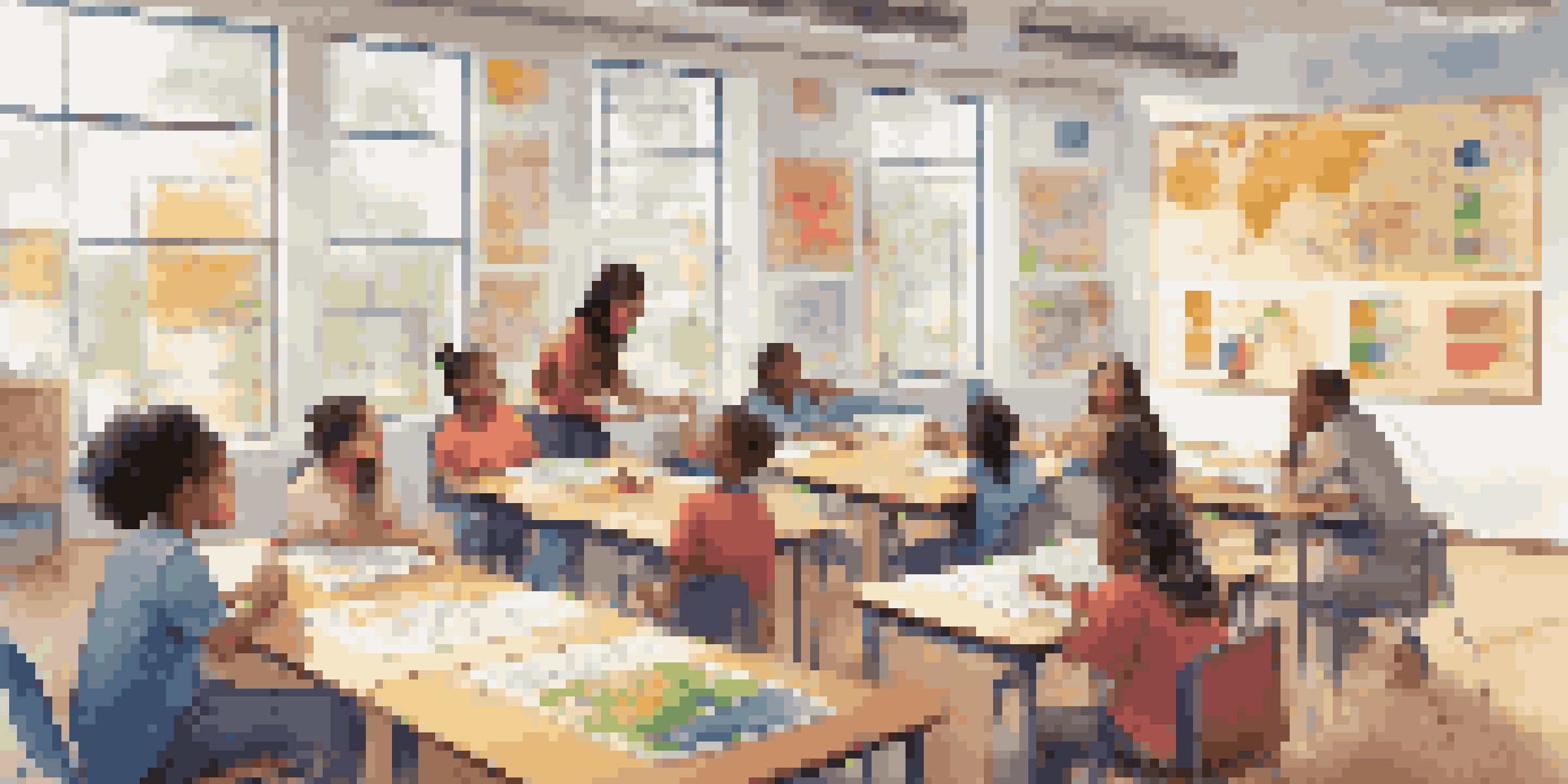 A lively classroom scene showing diverse students involved in different learning activities, with colorful charts and students discussing.