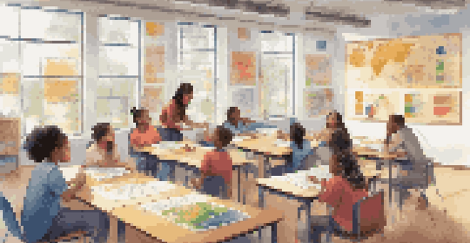 A lively classroom scene showing diverse students involved in different learning activities, with colorful charts and students discussing.