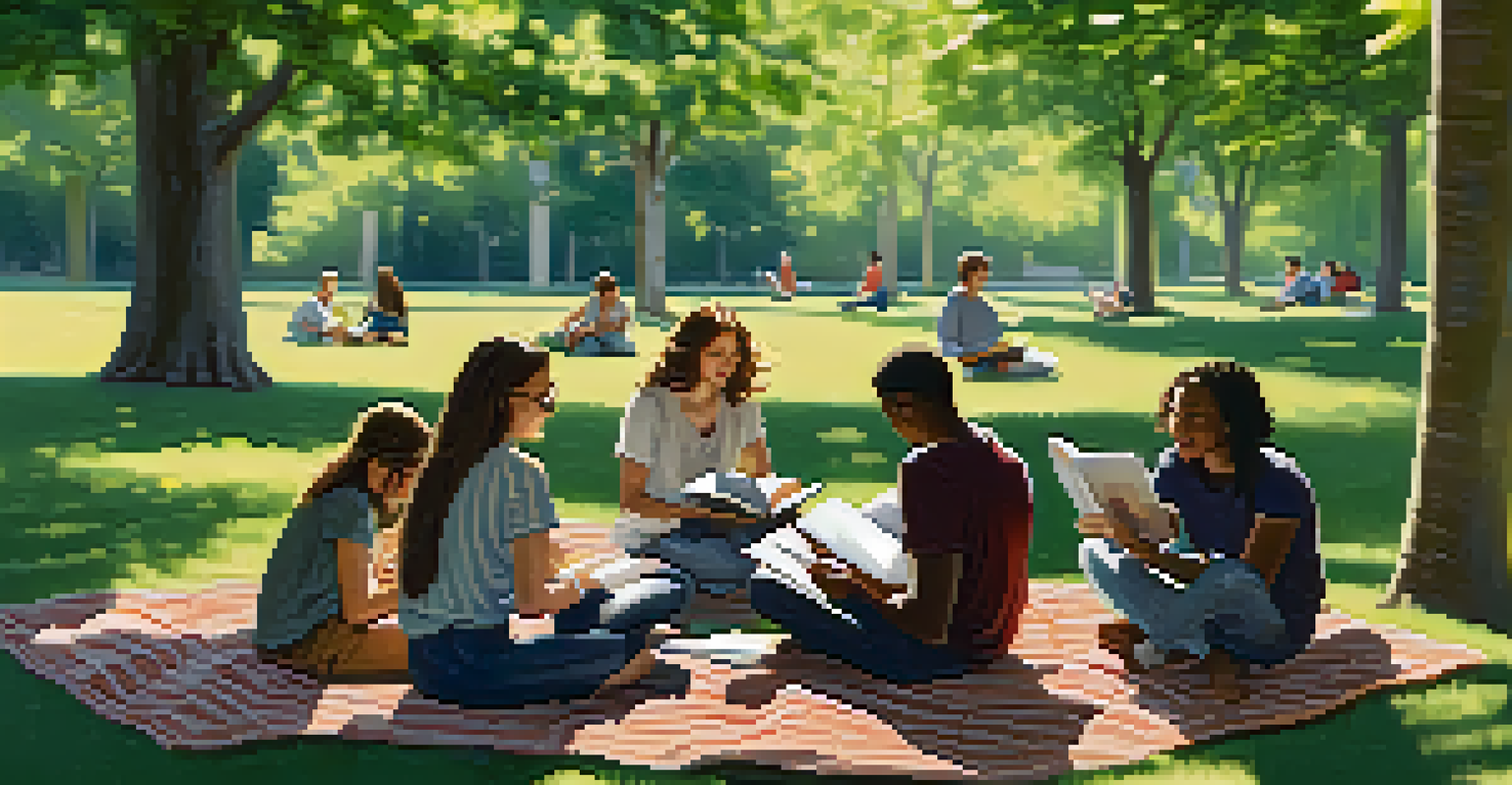 A diverse group of students studying together in a park, surrounded by greenery and sunlight, sharing books and notes.