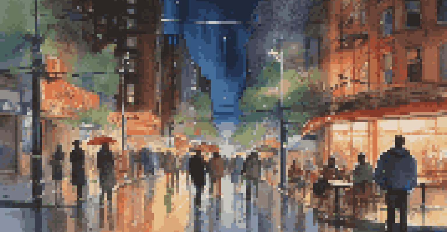 A lively city street at night with neon lights, people walking, and rain-soaked reflections.