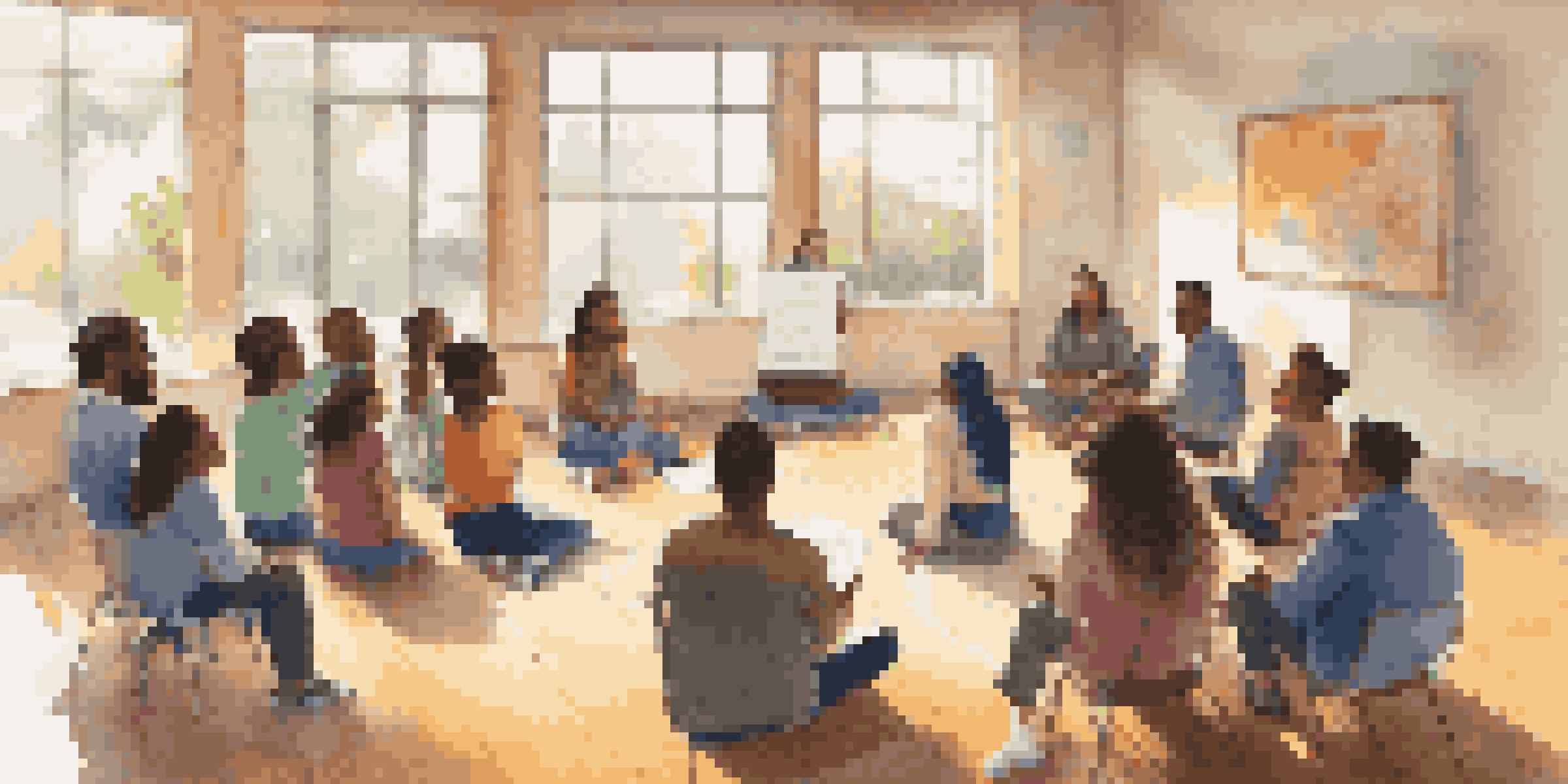 A diverse group of parents, teachers, and students engaged in a lively community dialogue in a well-lit room, with a flip chart displaying colorful notes.